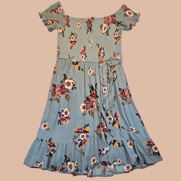 Xhilaration Dresses & Skirts - Xhilaration Blue Floral Smocked Off Shoulder Ruffle Hem Midi Dress Medium